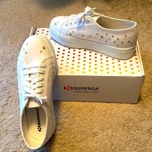 Fun White Platform Superga Embroidered Gold Star Sneakers . Size 9 USA / 40 EU